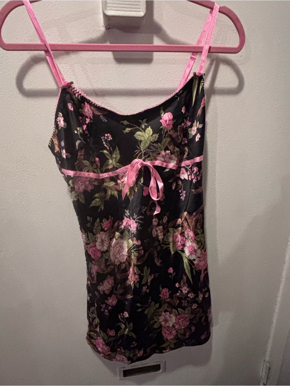 Victoria's Secret Black Satin Floral Chemise with Pink Accents